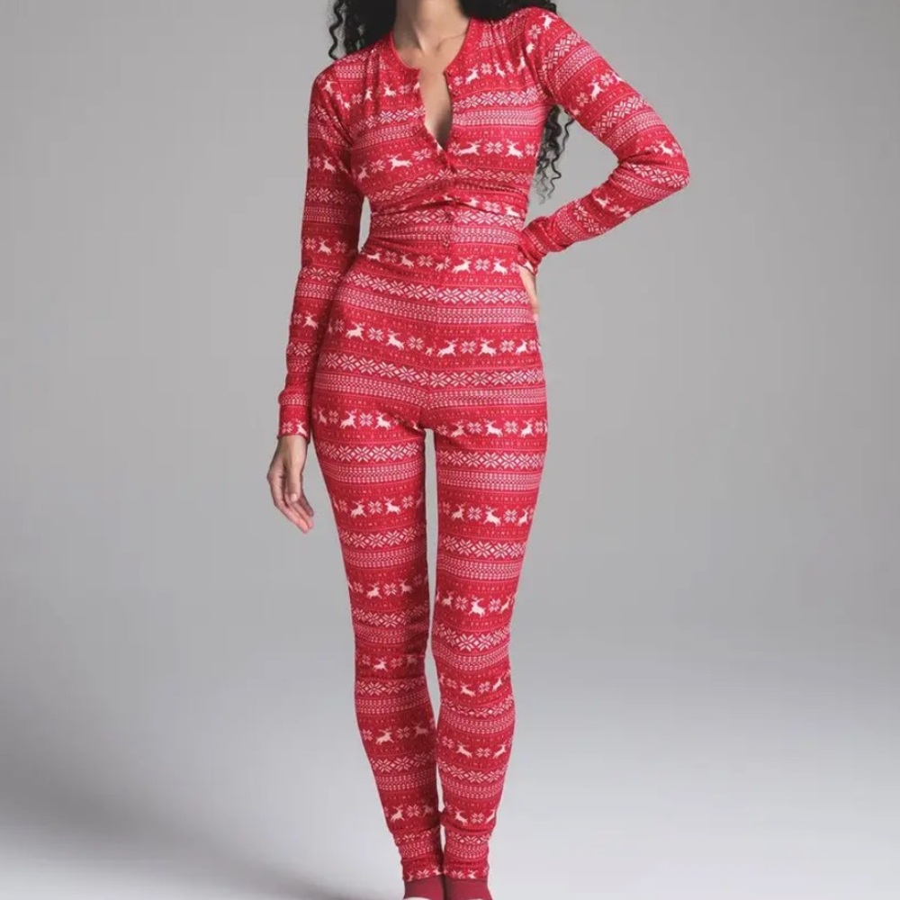 NWT Skims XS Logo Plush Pointelle Henley Onesie Red Deer Fairisle Christmas Red